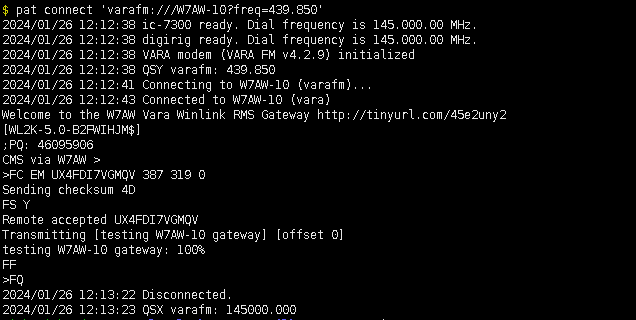 Pat CLI output showing a successful connect and message send